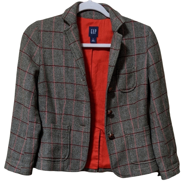 Gap wool blend plaid blazer faux leather wrap button lined preppy busine… - Picture 7 of 12